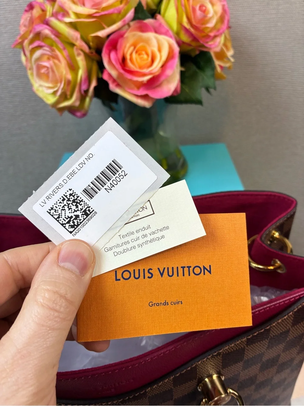 Louis Vuitton LV Damier Ebene Riverside Tote w/ Magenta Leather & LV Charm - NWT